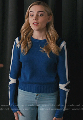 Taylor's blue stripe sleeve sweater on American Housewife