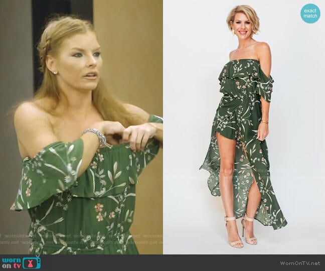 Olive Off Shoulder Romper Dress by Brandi Land worn by Brandi Redmond on The Real Housewives of Dallas