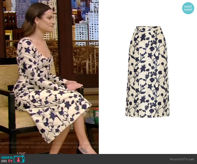 Quercini Floral-Jacquard Midi Skirt by Brock Collection worn by Lea Michele on Live with Kelly and Ryan