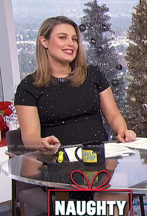 Carissa’s black embellished knit top and skirt on E! News Daily Pop