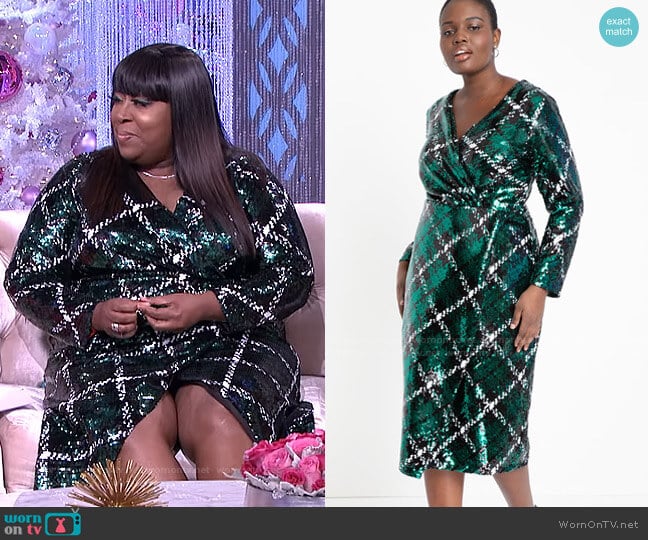 Plaid Sequin Wrap Dress by Eloquii worn by Loni Love on The Real