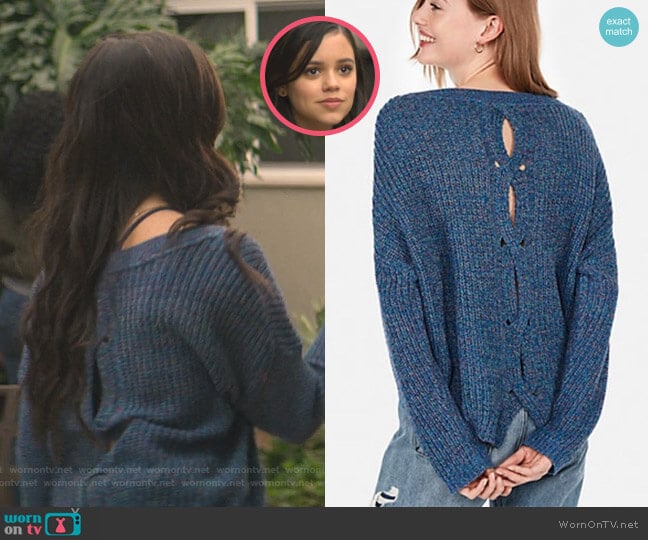 Cable Knit Split Back Pullover Sweater by Express worn by Ellie (Jenna Ortega) on You