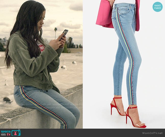 Express High Waisted Denim Perfect Side Stripe Ankle Leggings worn by Ellie (Jenna Ortega) on You