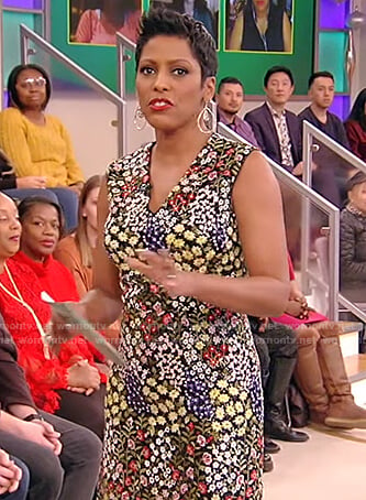 Tamron’s floral embellished sleeveless dress on Tamron Hall Show