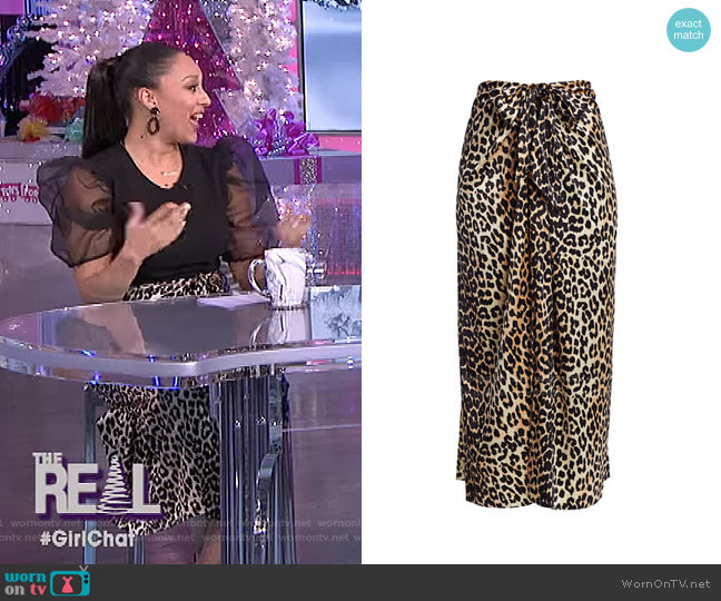 Leopard Print Silk Satin Midi Skirt by Ganni  worn by Tamera Mowry on The Real