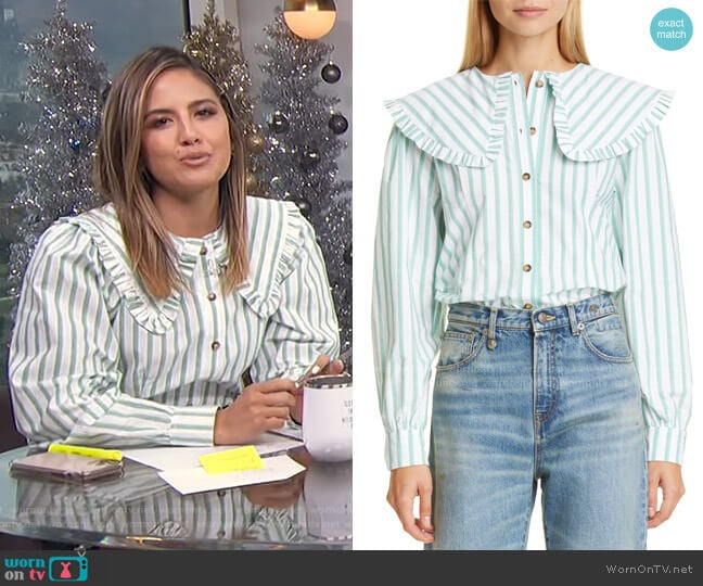 Stripe Ruffle Collar Cotton Poplin Blouse by Ganni worn by Erin Lim on E! News