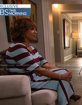 Gayle’s blue and brown striped knit dress on CBS This Morning