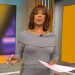 Gayle King’s grey off-shoulder sweater dress on CBS This Morning