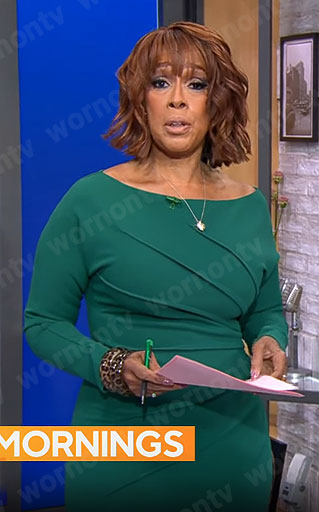 Gayle’s green seamed long sleeve dress on CBS This Morning
