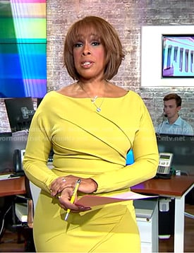 Gayle King’s yellow pleated long sleeve dress on CBS Mornings