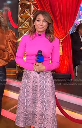 Ginger’s pink turtleneck sweater and snakeskin print skirt on Good Morning America