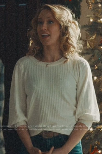 Ginny's white ribbed sweater on Perfect Harmony