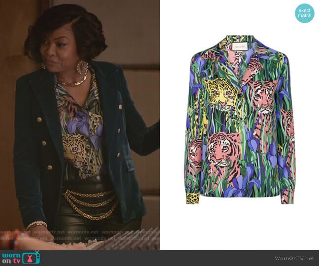 Feline Garden Print Silk Twill Blouse by Gucci worn by Cookie Lyon (Taraji P. Henson) on Empire