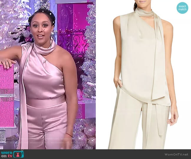 WornOnTV: Tamera’s beige asymmetric scarf top and wide-leg pants on The ...