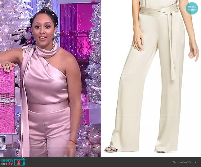 WornOnTV: Tamera’s beige asymmetric scarf top and wide-leg pants on The ...