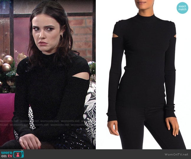 Helmut Lang Mock Neck Slash Sleeve Ribbed Knit Top worn by Tessa Porter (Cait Fairbanks) on The Young and the Restless