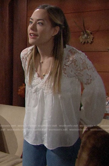 Hope’s white lace long sleeve top on The Bold and the Beautiful