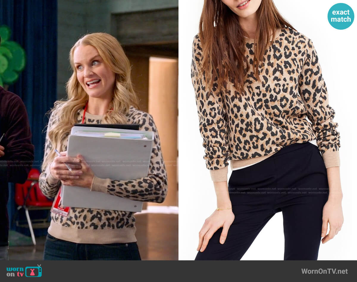 J. Crew Cheetah Print Merino Wool Sweatshirt worn by Miss Jenn (Kate Reinders) on High School Musical The Musical The Series