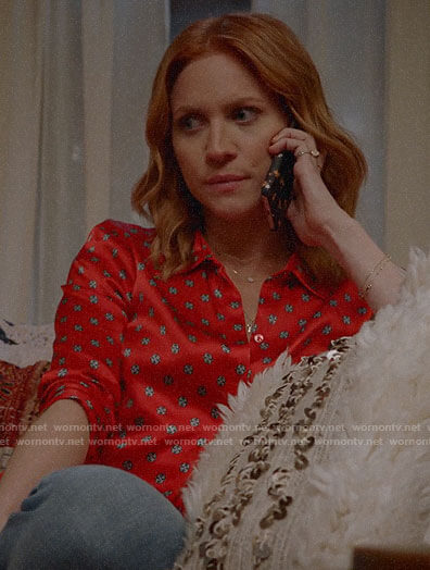 Julia's red printed button down on Almost Family