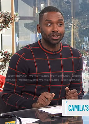 Justin’s navy and red windowpane check sweater on E! News daily Pop