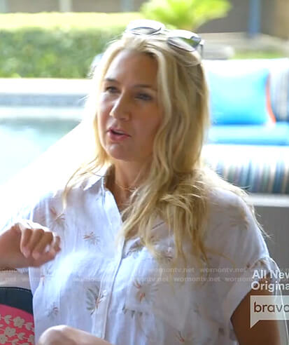 Kary’s white palm tree print shirt on The Real Housewives of Dallas