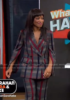 Keke's grey plaid split-sleeve blazer and pants on GMA Strahan Sara And Keke