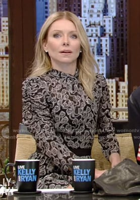 Kelly's black heart print chiffon dress on Live with Kelly and Ryan