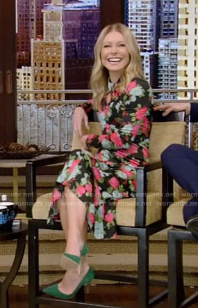 Kelly's black floral twisted neck dress on Live with Kelly and Ryan