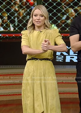 Kelly’s yellow corduroy midi dress on Live with Kelly and Ryan