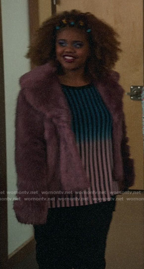 Kourtney's blue ombre stripe top and purple fur jacket on High School Musical The Musical The Series