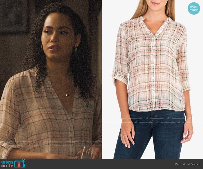 Kut from Kloth Jasmine Blouse in Sketchy Plaid worn by Macy Vaughn (Madeleine Mantock) on Charmed