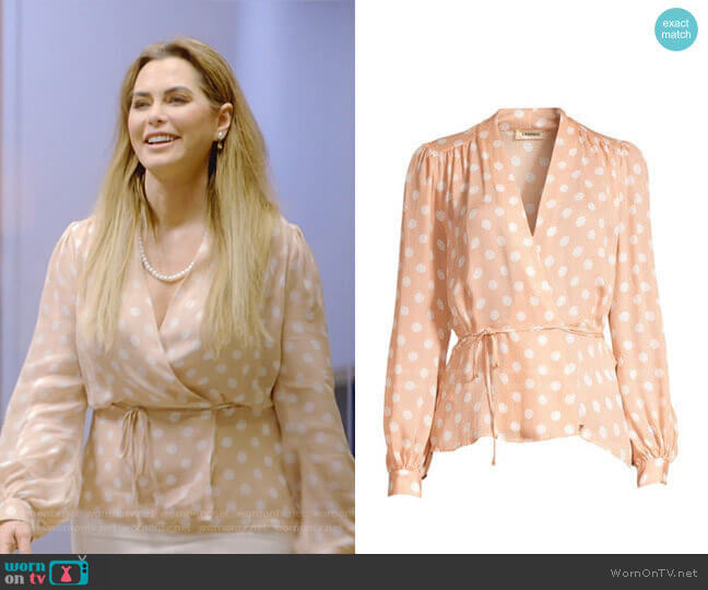 Cara Dot-Print Wrap Blouse by L'Agence worn by D’Andra Simmons on The Real Housewives of Dallas