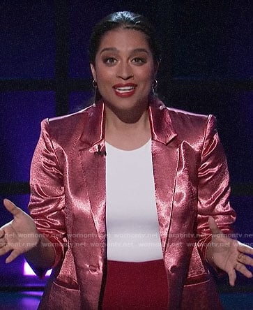 Lilly Singh’s metallic pink blazer on A Little Late with Lilly Singh