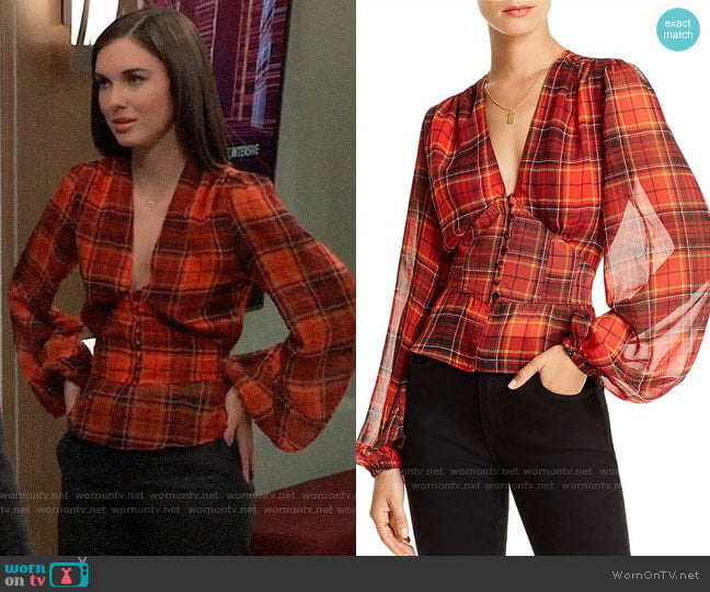 Lini Taylor Balloon-Sleeve Plaid Top worn by Willow Tait (Katelyn MacMullen) on General Hospital