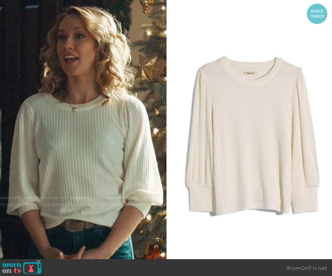 Ginny’s white ribbed sweater on Perfect Harmony