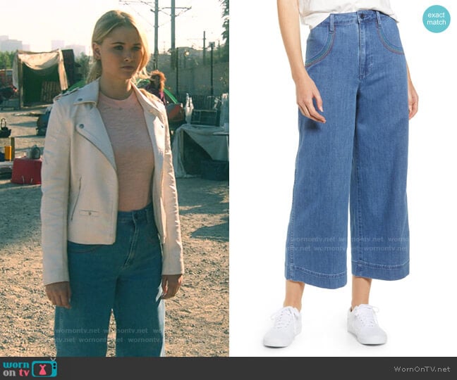 Rainbow Stitched Emmett Wide Leg Crop Jeans by Madewell worn by Karolina Dean (Virginia Gardner) on Marvels Runaways