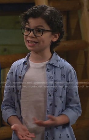 Matteo's blue dinosaur print shirt on Bunkd