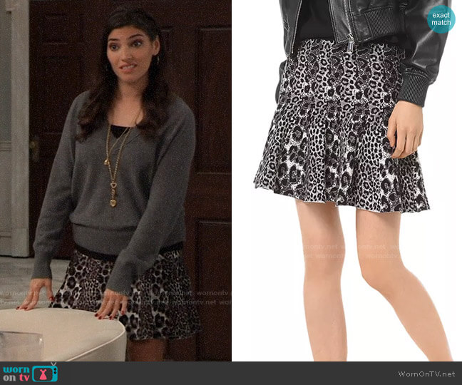 MICHAEL Michael Kors Pleated Leopard Jacquard Mini Skirt worn by Brook Lynn Quartermaine (Amanda Setton) on General Hospital