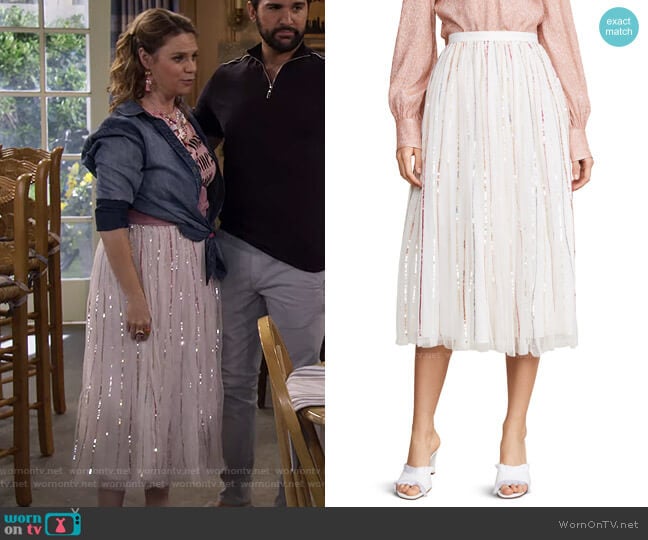 Shimmer Sequin Midaxi Skirt by Needle & Thread worn by Kimmy Gibbler (Andrea Barber) on Fuller House