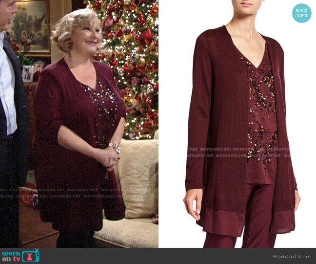 Nic + Zoe Contessa Long Cardigan with Sheer Trim worn by Traci Abbott (Beth Maitland) on The Young and the Restless