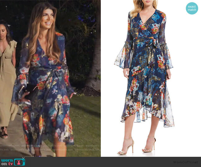 Floral Wrap Bell Sleeve Midi Dress by Nicole Miller worn by Teresa Giudice on The Real Housewives of New Jersey