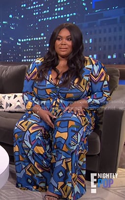 WornOnTV: Nina’s blue geometric print jumpsuit on E! News Nightly Pop ...