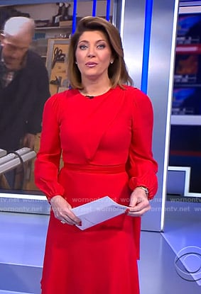 Norah’s red dress with scarf on CBS Evening News