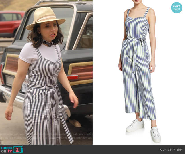 Izzy’s striped belted jumpsuit on Dollface