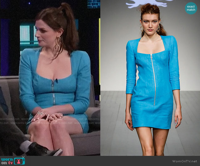 Paul Costello SS19 Collection Blue Linen Zip Front Dress worn by Aisling Bea on A Little Late with Lilly Singh