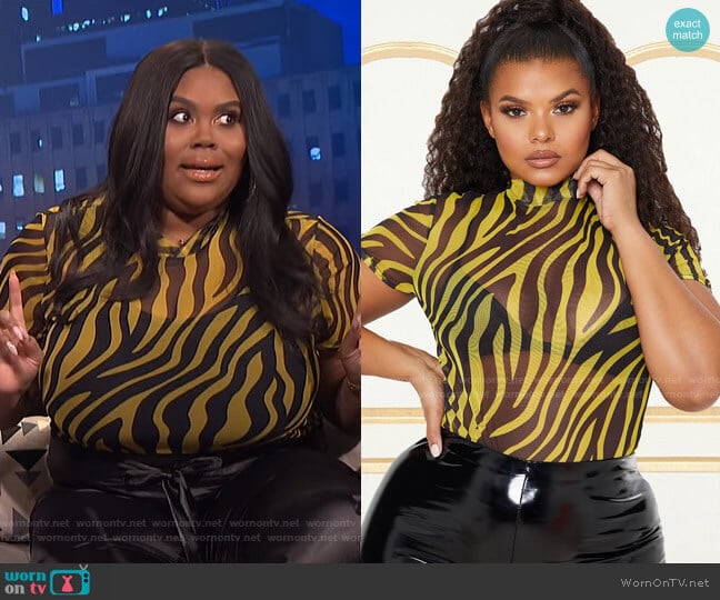 Zebra Print High Neck Bodysuit by Pretty Little Thing worn by Nina Parker on E! News