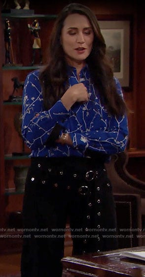 Quinn’s blue floral button down blouse on The Bold and the Beautiful