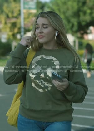 Rebecca’s metallic skull sweatshirt on Stumptown