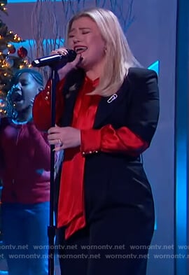 Kelly’s red satin tie neck blouse on The Kelly Clarkson Show