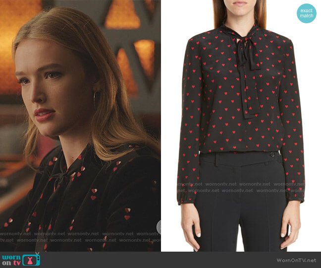 Heart Print Tie Neck Silk Top by RED Valentino worn by Kirby Anders (Maddison Brown) on Dynasty